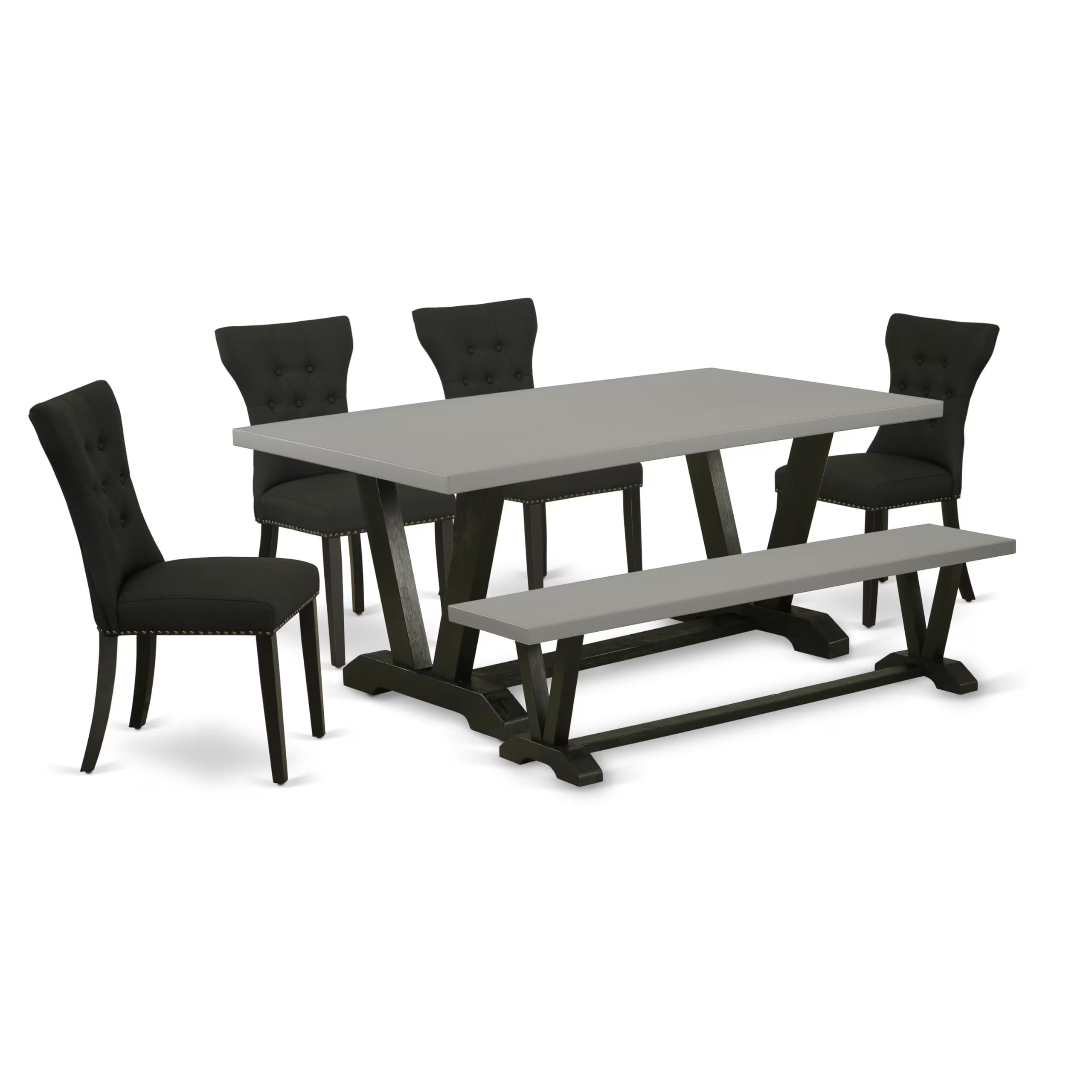 East West Furniture V697Ga124-6 6 Piece Modern Dining Table Set Contains A Rectangle Wooden Table With V-Legs And 4 Black Linen Fabric Parson Chairs With A Bench, 40X72 Inch, Multi-Color